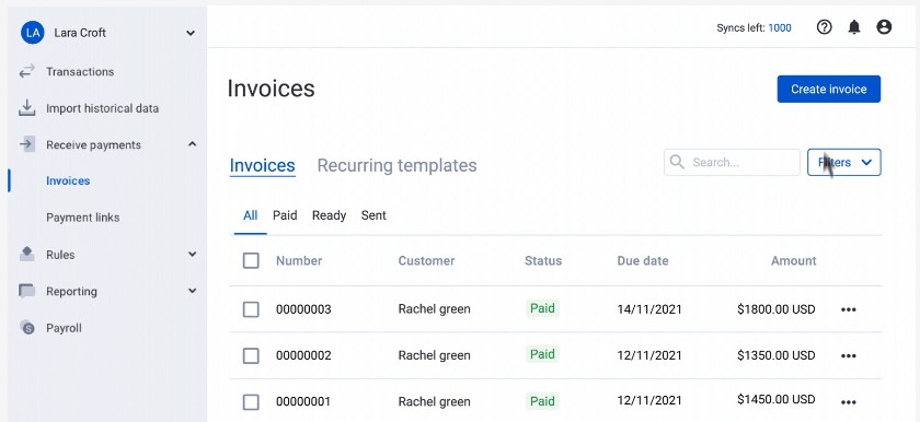 Synder Sync: Invoices tab