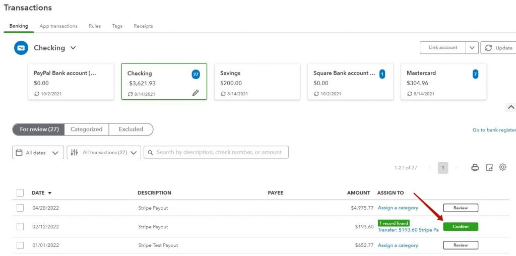 reconciliation Confirm the Stripe transaction in QuickBooks Online 