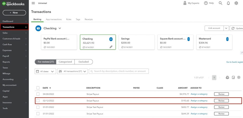 reconciliation Stripe transaction in QuickBooks Online