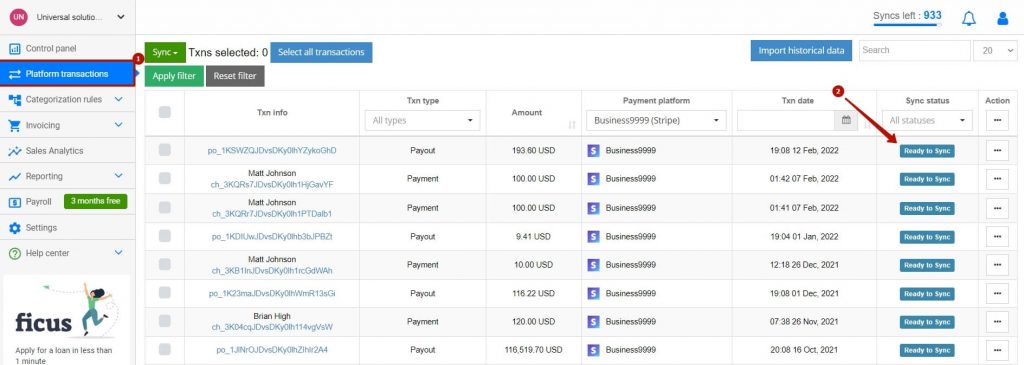 reconciliation Stripe transaction in Synder Sync