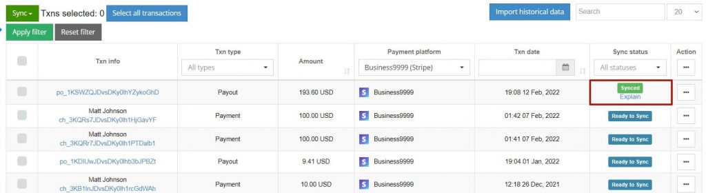 reconciliation Stripe transaction in Synder Sync: synced