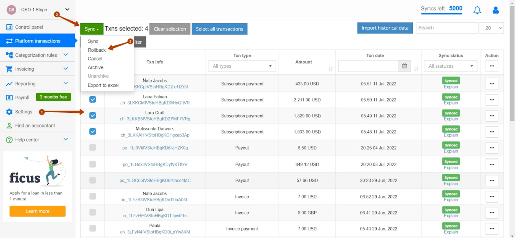 Roallbakc for sales, Synder Sync Rollback feature