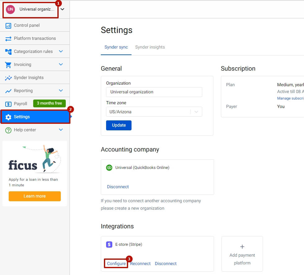 Customer data quickbooks Synder Sync: Stripe configuration