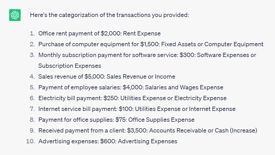 ChatGPT assists with transactions categorization