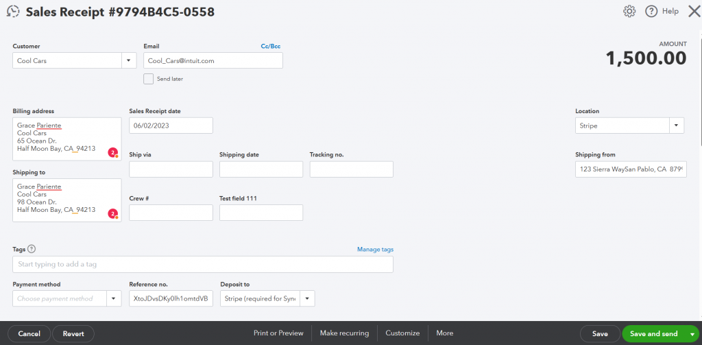 quickbooks sales receipt