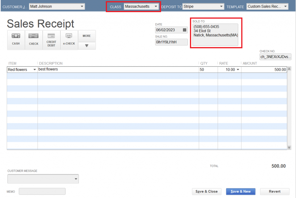 Synder: Applying classes to sales receipt (shipping address)