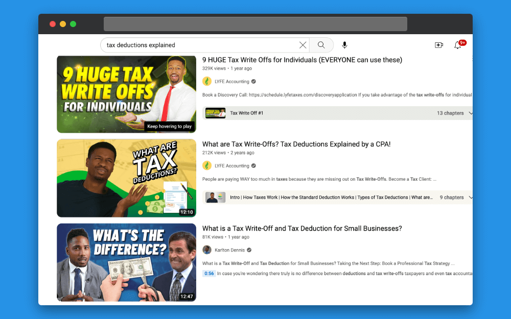 marketing for accountants: Screenshot of YouTube search results displaying videos about tax deductions