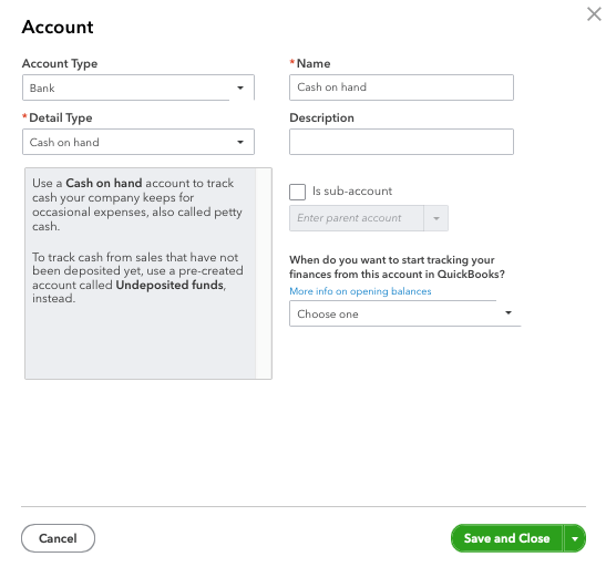 QBO account creation and Chart of Accounts