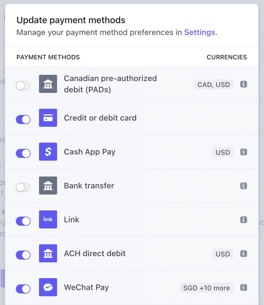 Send Stripe invoice: setting payment methods