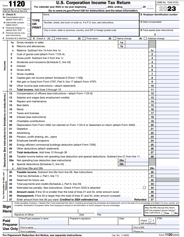 IRS Form 1120 Page 1: A document used by corporations to report their income, deductions, and tax liabilities to the Internal Revenue Service (IRS).