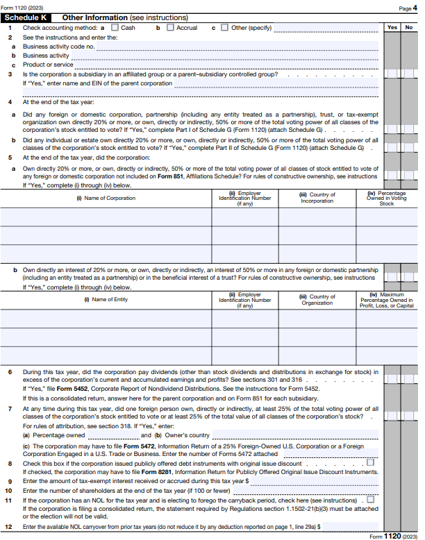 IRS Form 1120 Schedule K - Tax document showing income, deductions, and credits for a corporation.