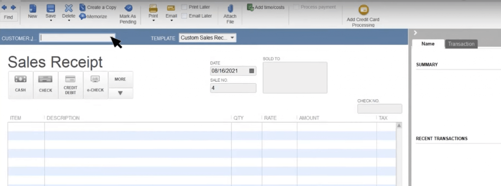 Sales receipt in QBD