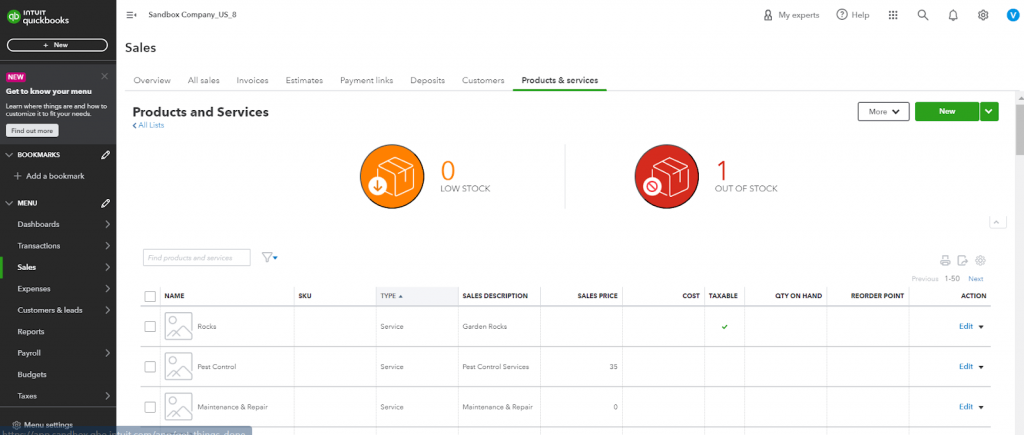 QuickBooks Deshboard: Products and Services