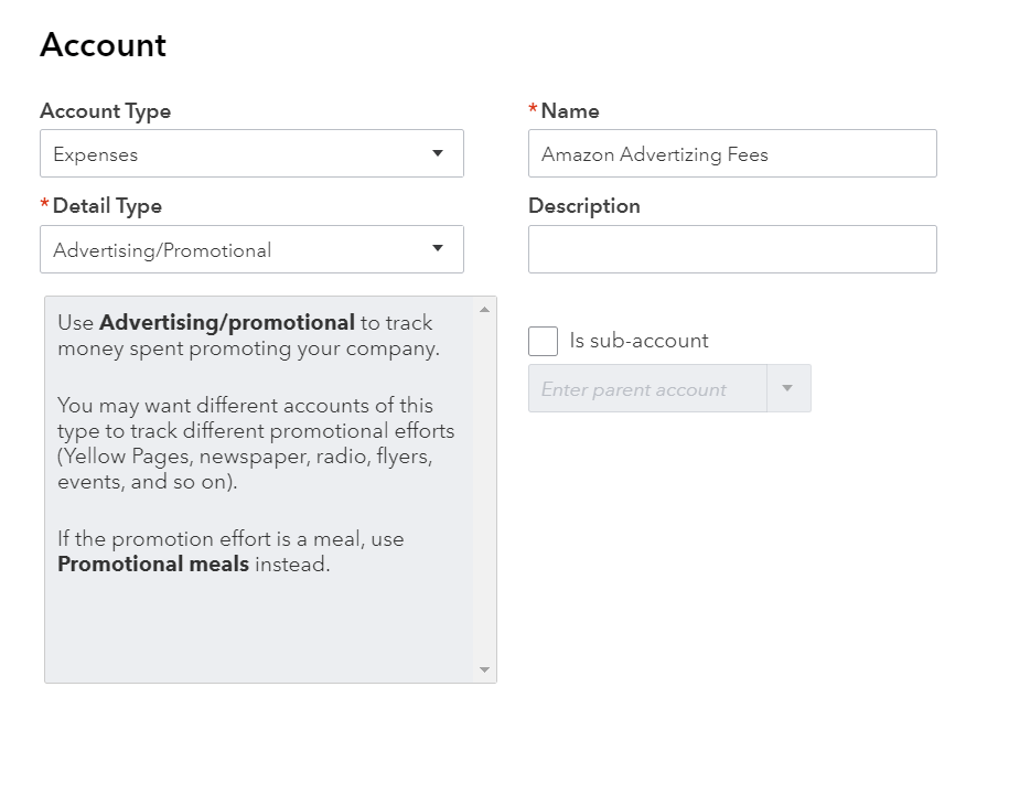 QuickBooks Online: create an 'Expenses' Account for Amazon Advertizing fees