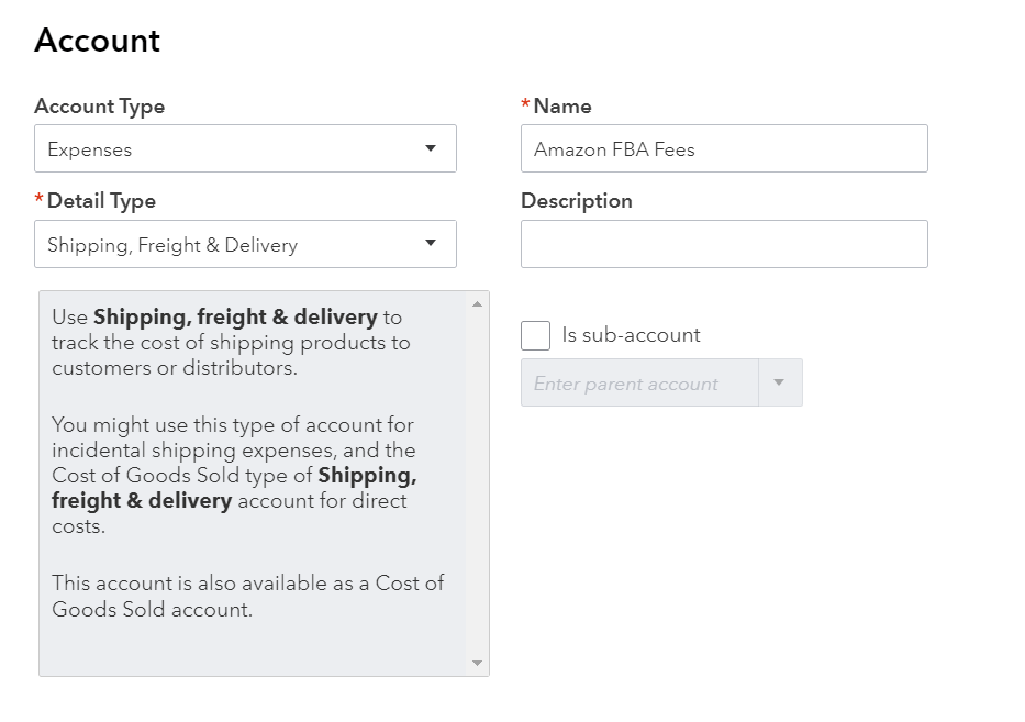 QuickBooks Online: create an 'Expenses' Account for Amazon FBA fees