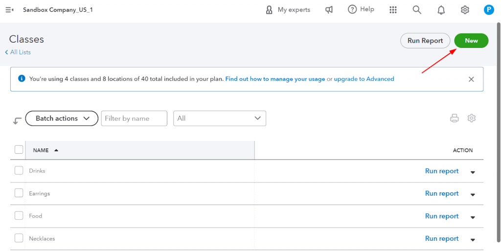 QuickBooks Online: Add a new class