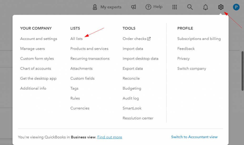 QuickBooks Online: All lists