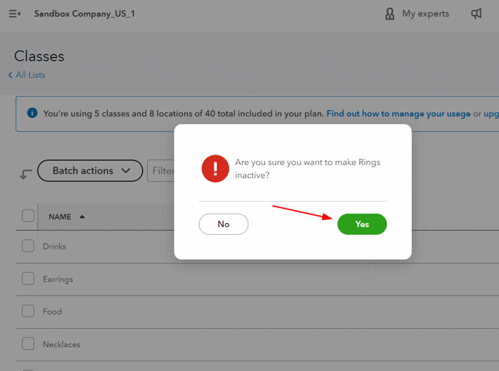 QuickBooks Online: Confirm the class inactivation