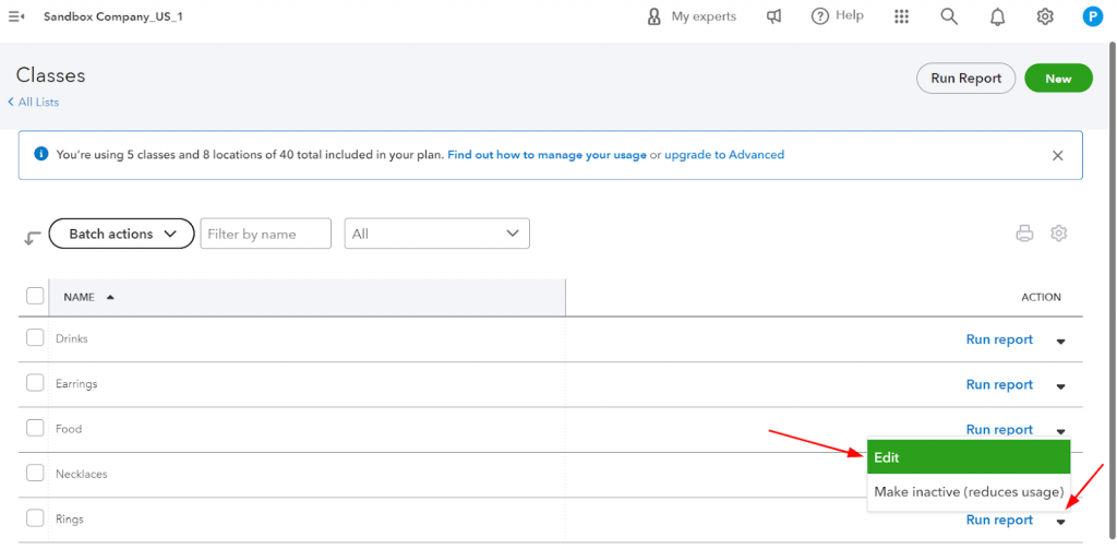 QuickBooks Online: Edit a class