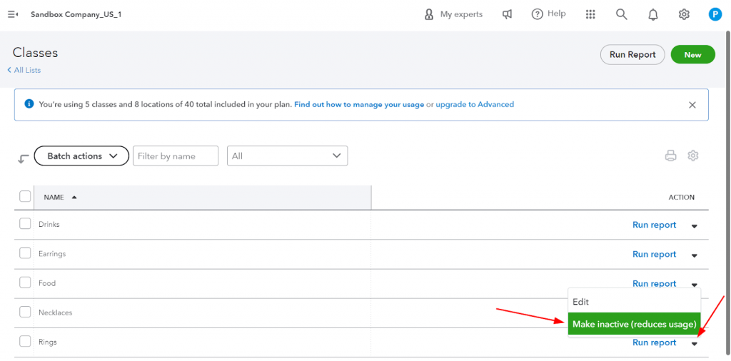 QuickBooks Online: Make a class inactive