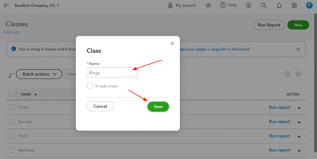 QuickBooks Online: Save a new class