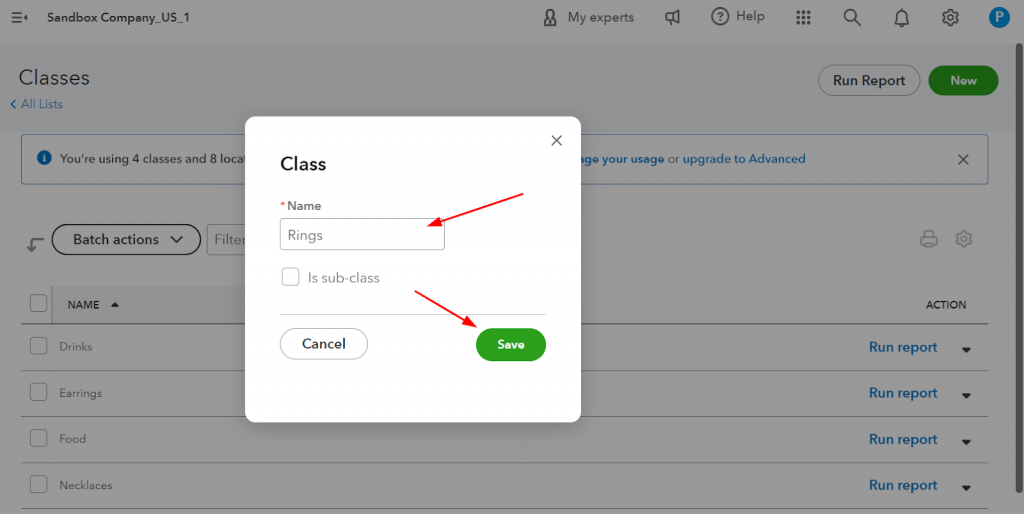 QuickBooks Online: Save the edited class