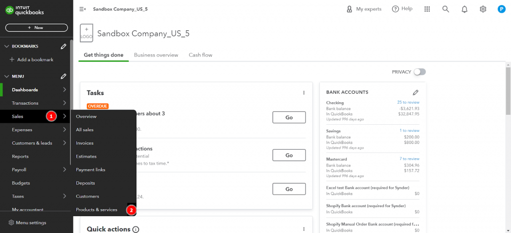 QuickBooks settings: Sales -> Products & Services