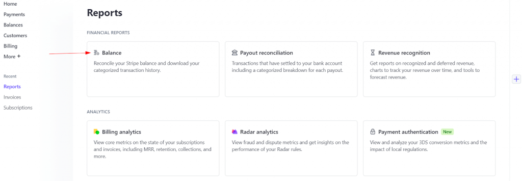 Stripe: Balance financial report