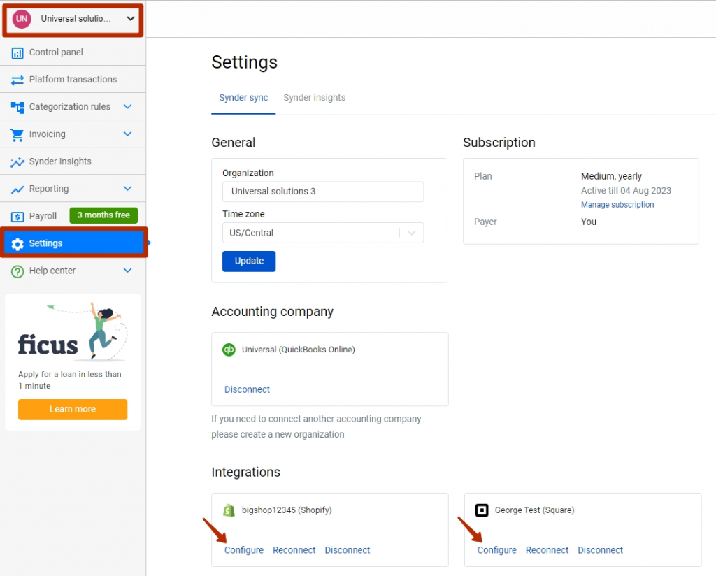 Synder integration settings