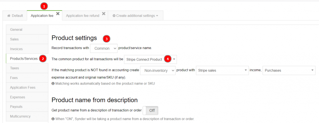Synder Sync: Application fee -> Product settings