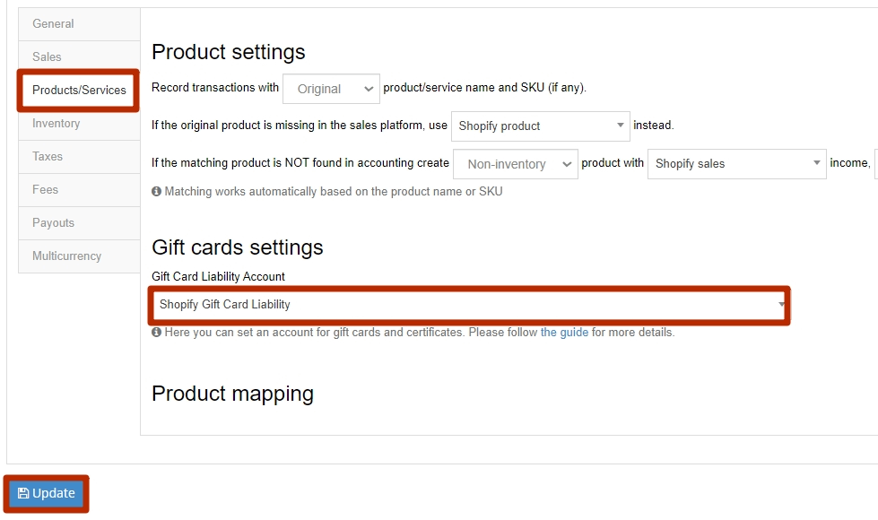 Synder product settings