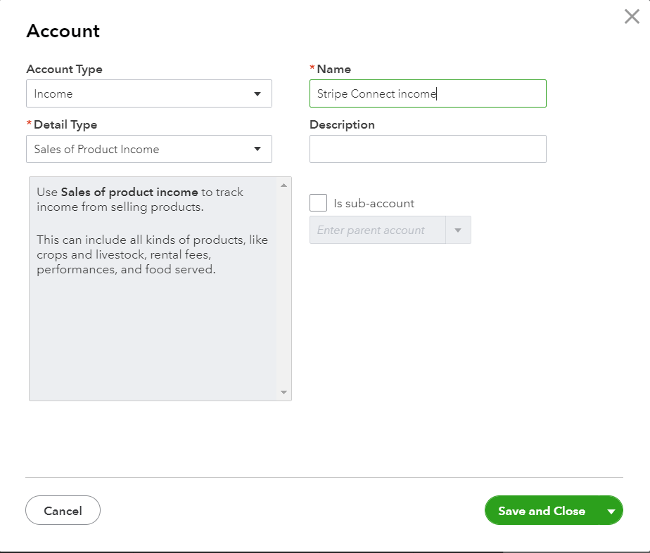 Stripe Connect income account in QuickBooks