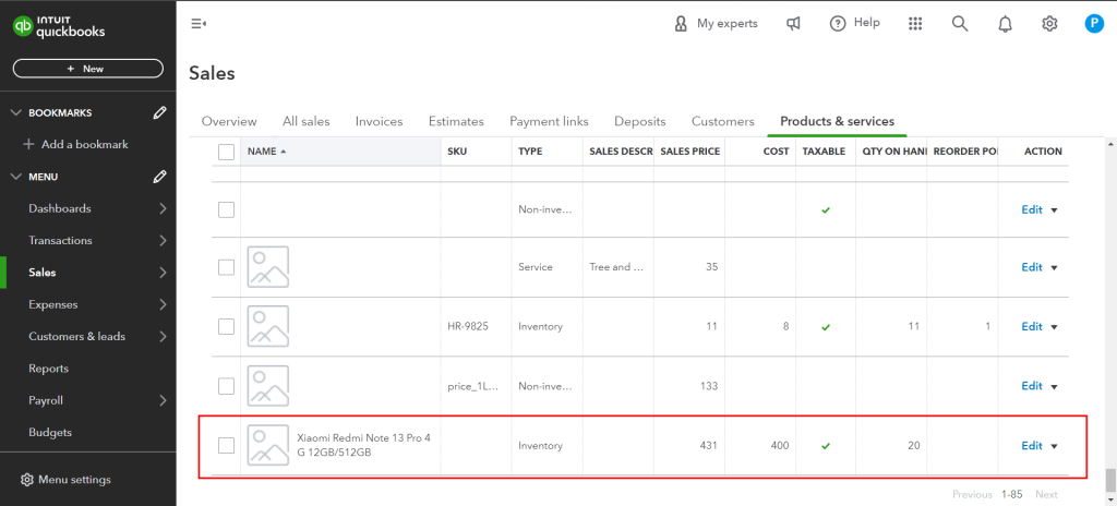 Products dashboard in QuickBooks Online