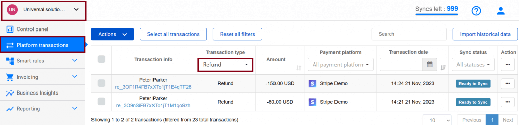 Stripe and QuickBooks Online integration via Synder: How to record a Stripe refund in QuickBooks