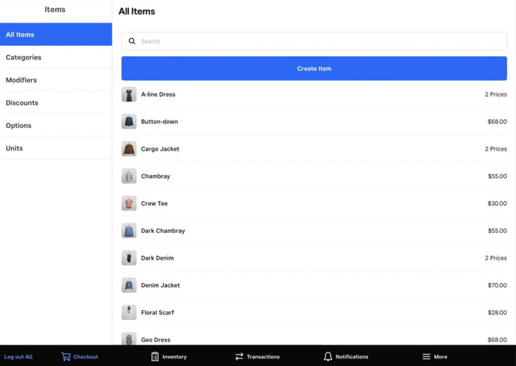 Sqaure POS interface