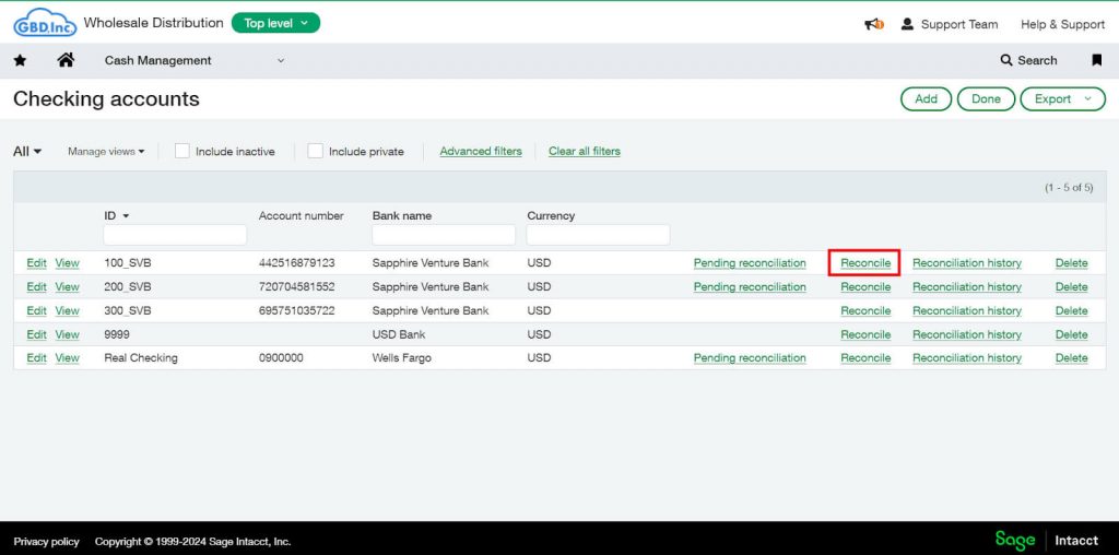 Sage Intacct Dashboard