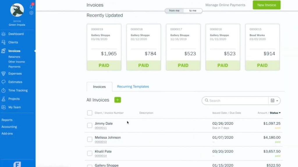 FreshBooks interface 