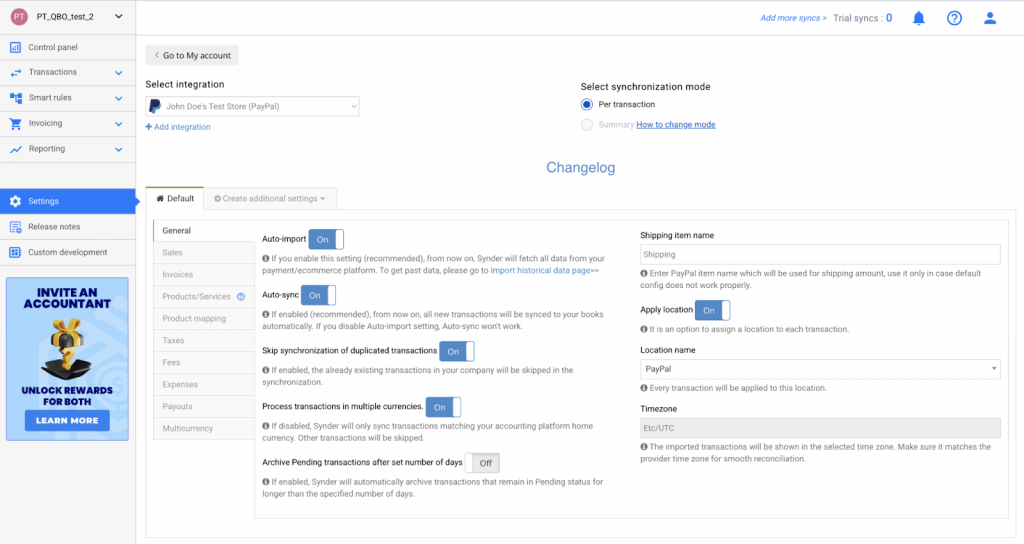 Choosing a sync mode in Synder