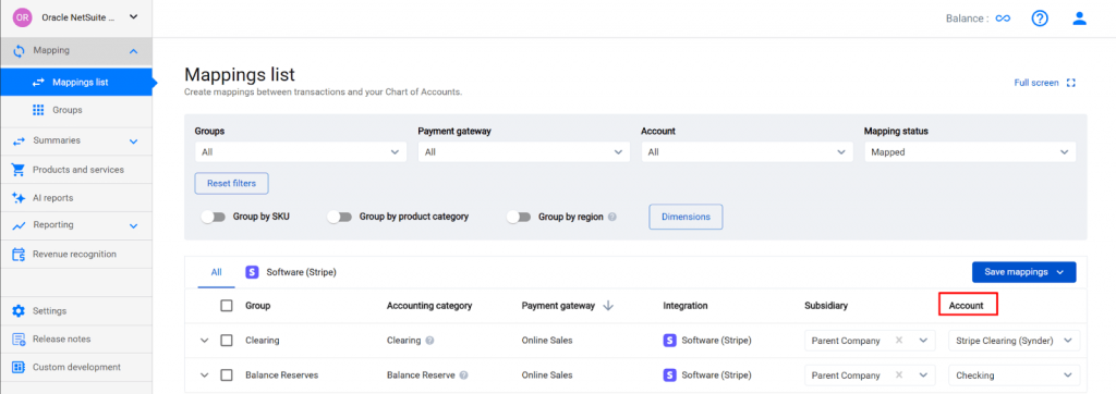 Setting up account mapping in Synder