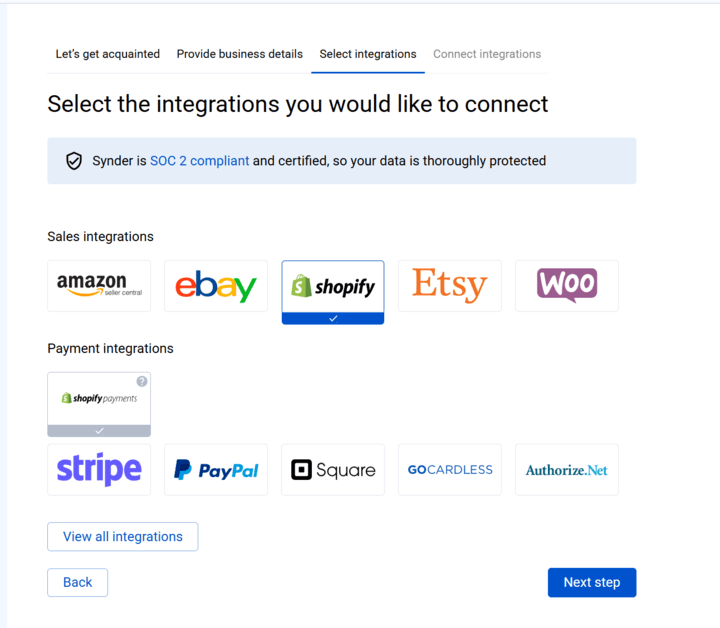 Choosing an integration to connect in Synder