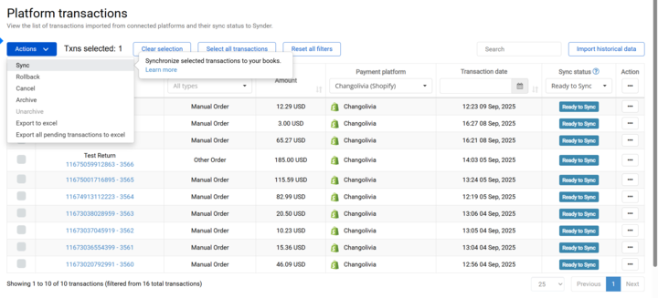 Choosing the action for sync test in Synder