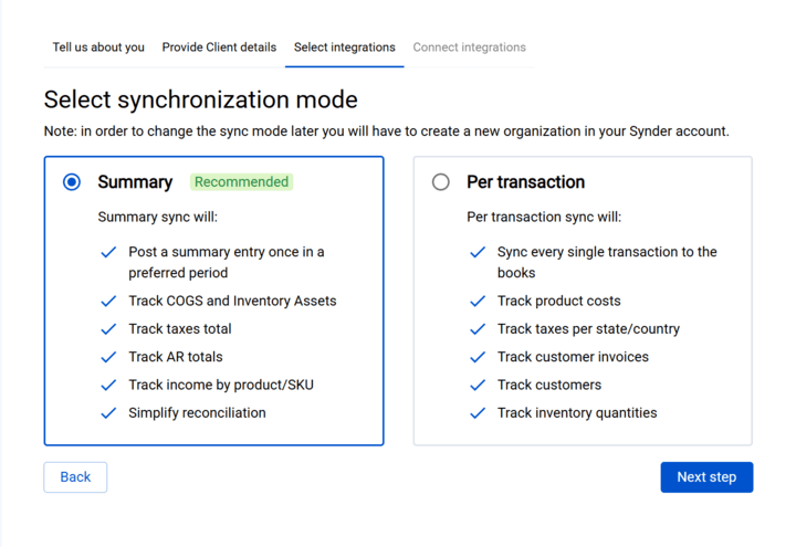 Choosing the sync mode in Synder
