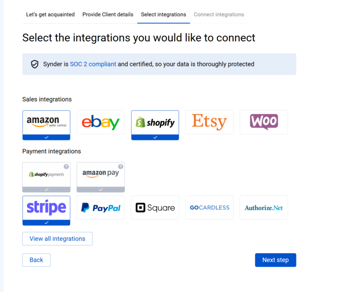 Selecting integrations to connect in Synder