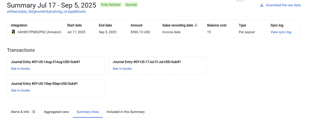 Summary of imported Amazon transactions in Synder