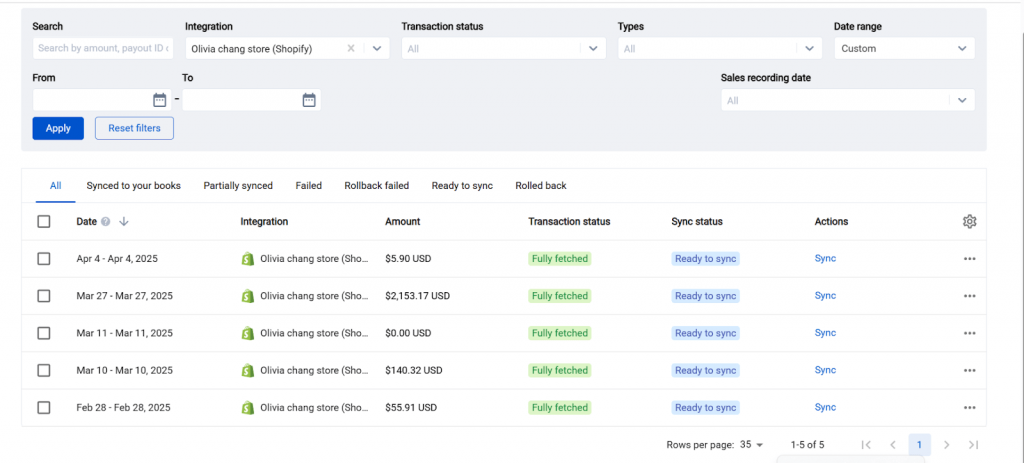 reconciling transaction data with Shopify