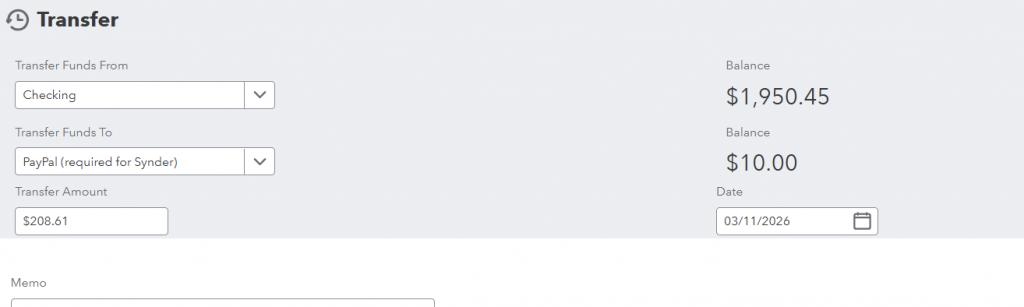 Funds moving from the bank to the PayPal balance in the books.