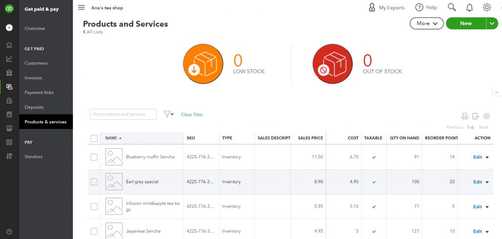 QuickBooks product list