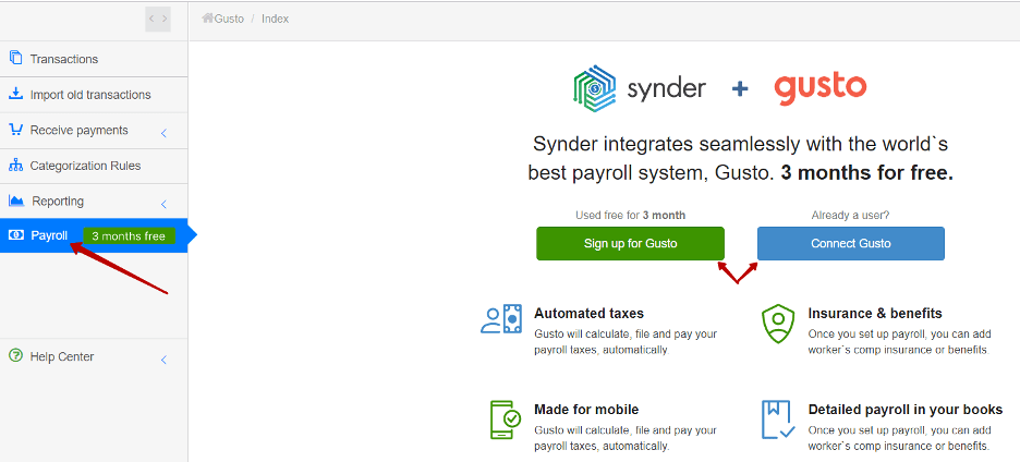 Gusto integration with accounting platforms via Synder