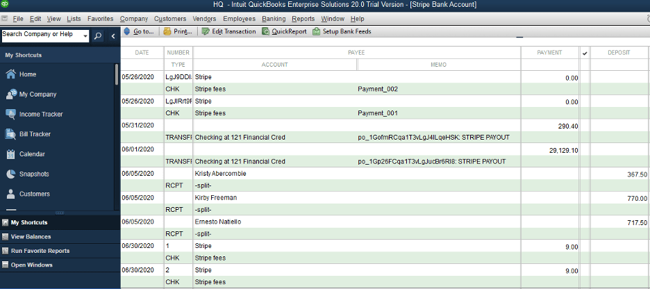 Any transaction from Payment processor will wind up as a Sales Receipt/Invoice (for total sale amount) + Check (for processing fee)