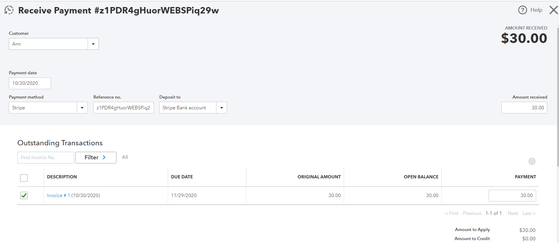 Synder creates a payment in QuickBooks associated with this invoice